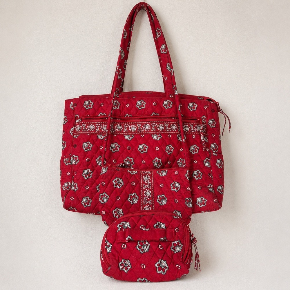 Vintage Vera Bradley Red Bandana 3 Piece Bundle Tote Crossbody Cosmetic